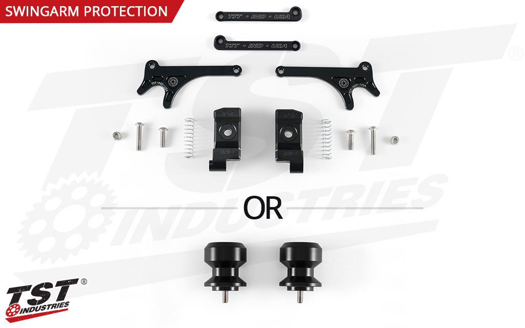 Choose your swingarm protection - TST Captive Chain Adjuster & GP Lifters with Delrin Sliders OR Womet-Tech Spool Sliders.