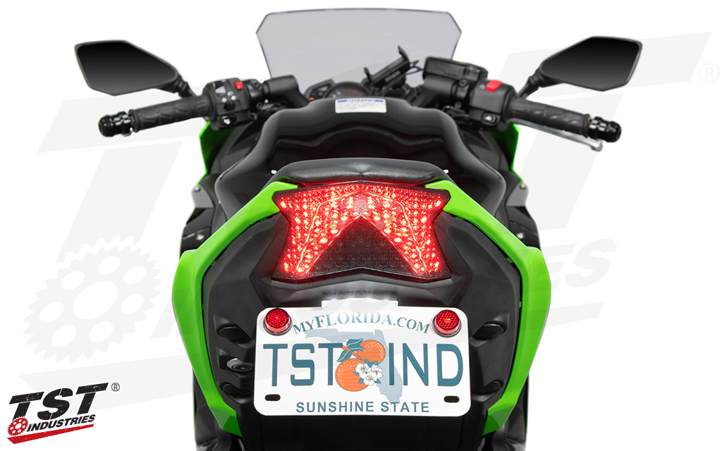 TST Programmable and Sequential LED Integrated Tail Light on the 2017 Kawasaki Ninja 650.