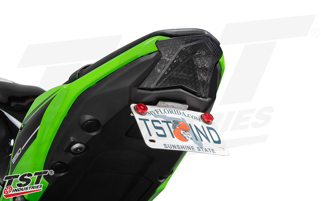 Smoked TST LED Integrated Tail Light shown on the Kawasaki Ninja 650.