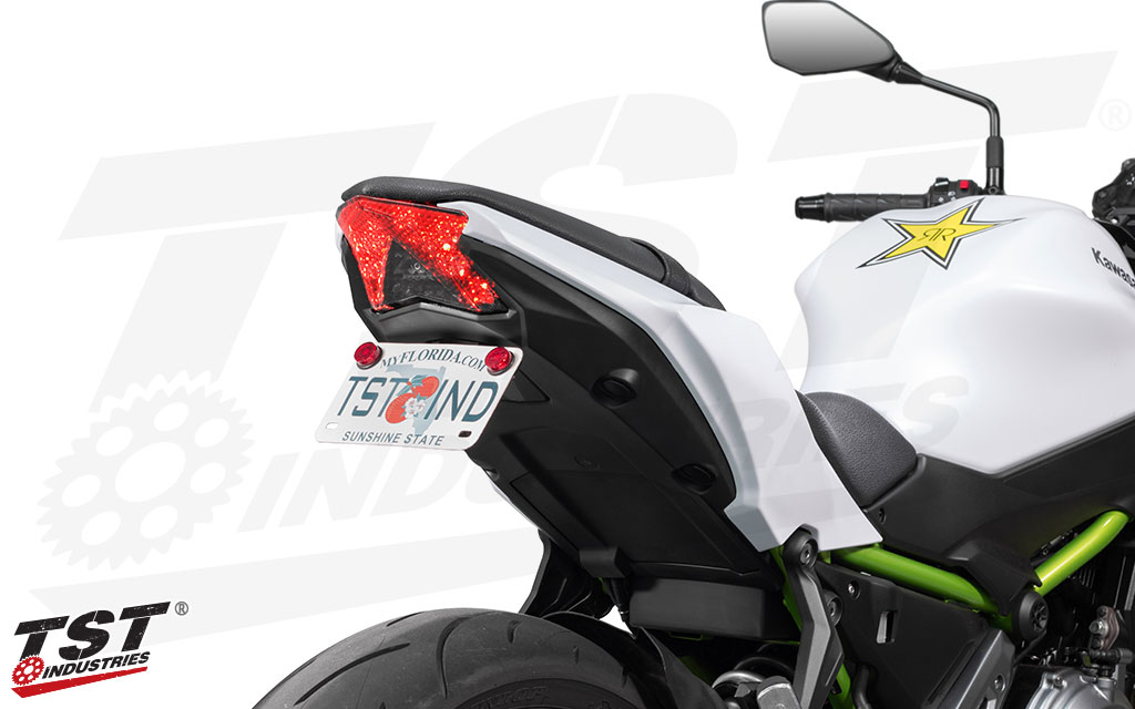 Kawasaki Z650 outfitted with the Elite-1 Adjustable Fender Eliminator and TST LED Integrated Tail Light (sold separately).