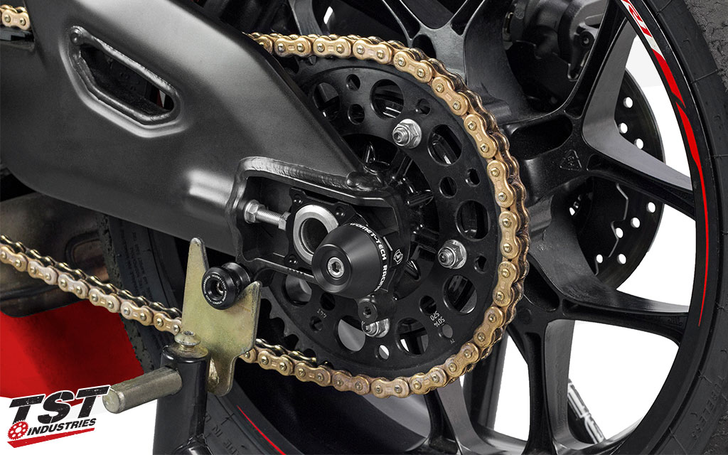 Axle Block Protectors installed on the Yamaha YZF-R1.