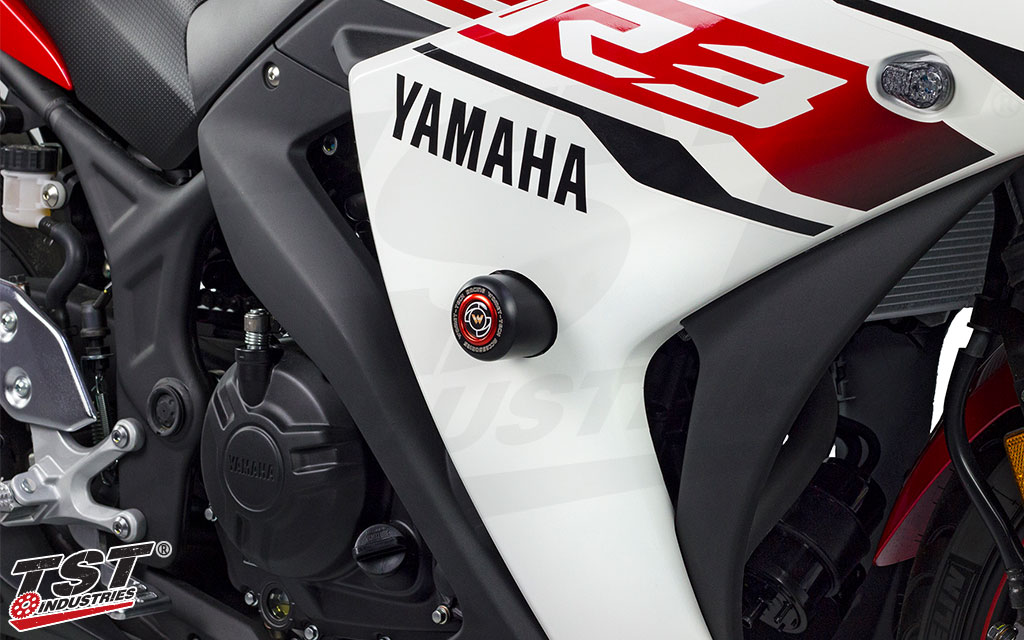 Womet-Tech Frame Sliders shown installed on the Yamaha R3.