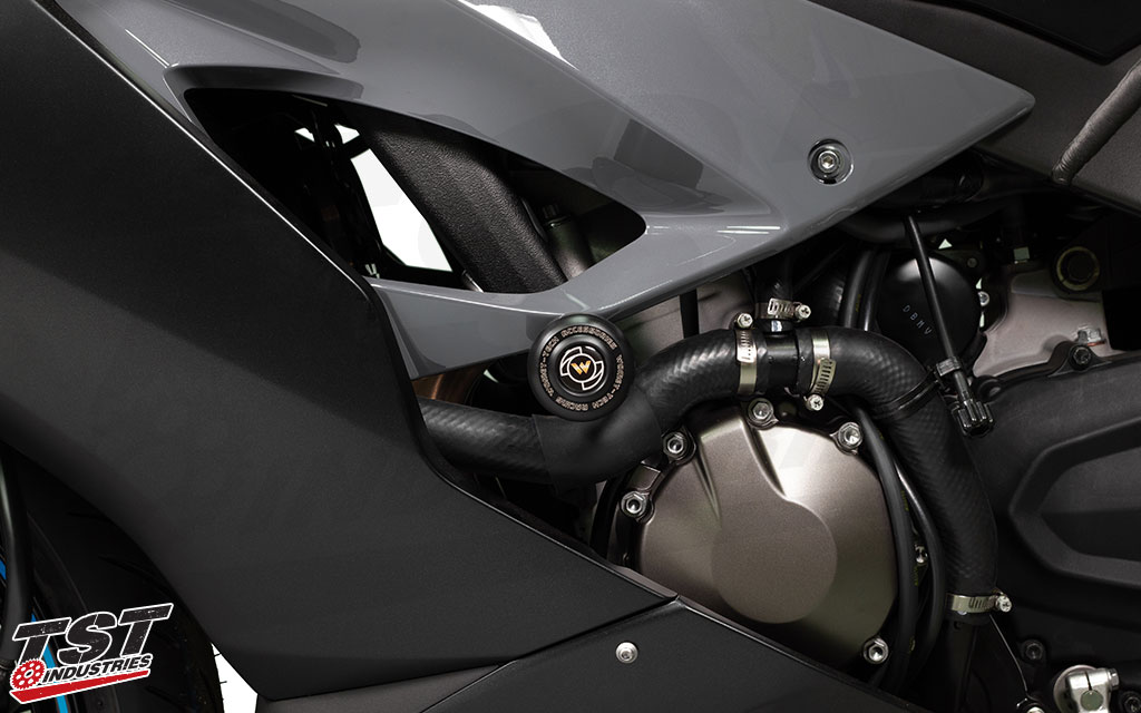 Protect your Kawasaki ZX6R without the need to cut the fairings with Womet-Tech's no-cut Frame Sliders.