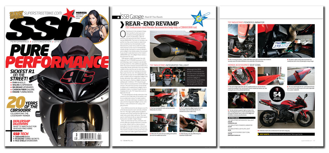 Snapshot of Super Streetbike Magazine article on the TST Industries integrated tail light for the 2007-2012 CBR600RR.
