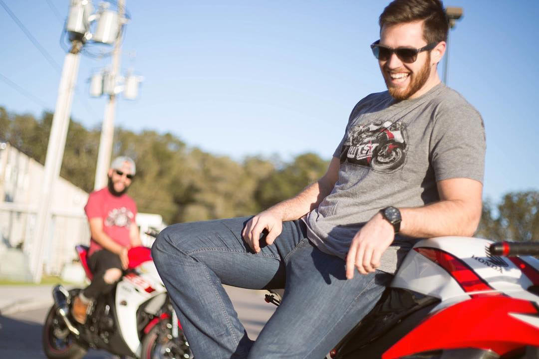 Apparel photoshoot of Bryan and Mark on the CBR600RR and Yamaha YZF-R3.