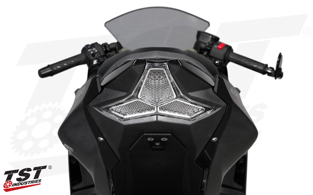 TST Industries Clear LED Integrated Tail Light installed on the 2018 Kawasaki Ninja 400.