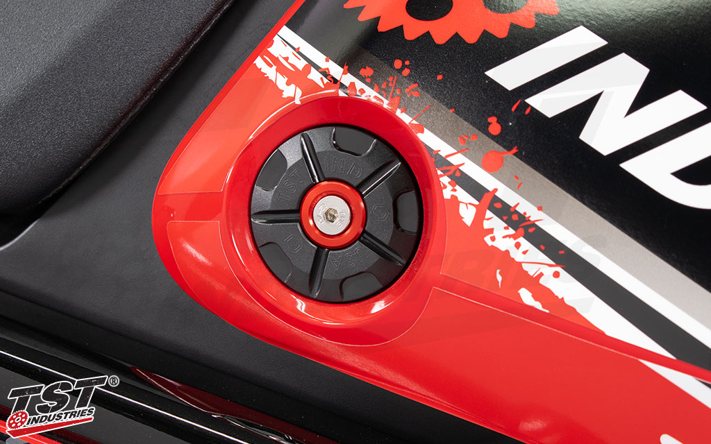 Black ABS Plastic Large Washer shown with Red Anodized Inner Accent Washer.