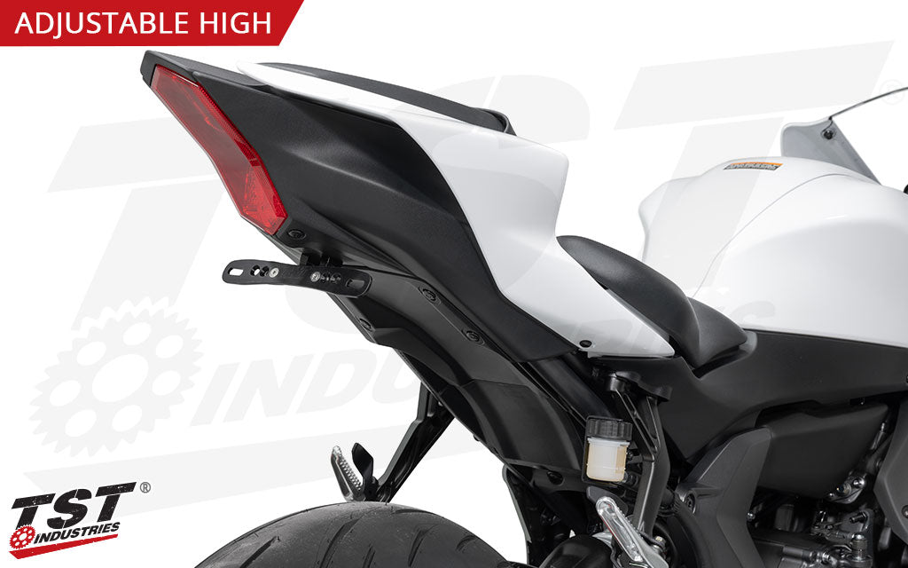 CNC machined aluminum license plate bracket features a durable black anodized finish.