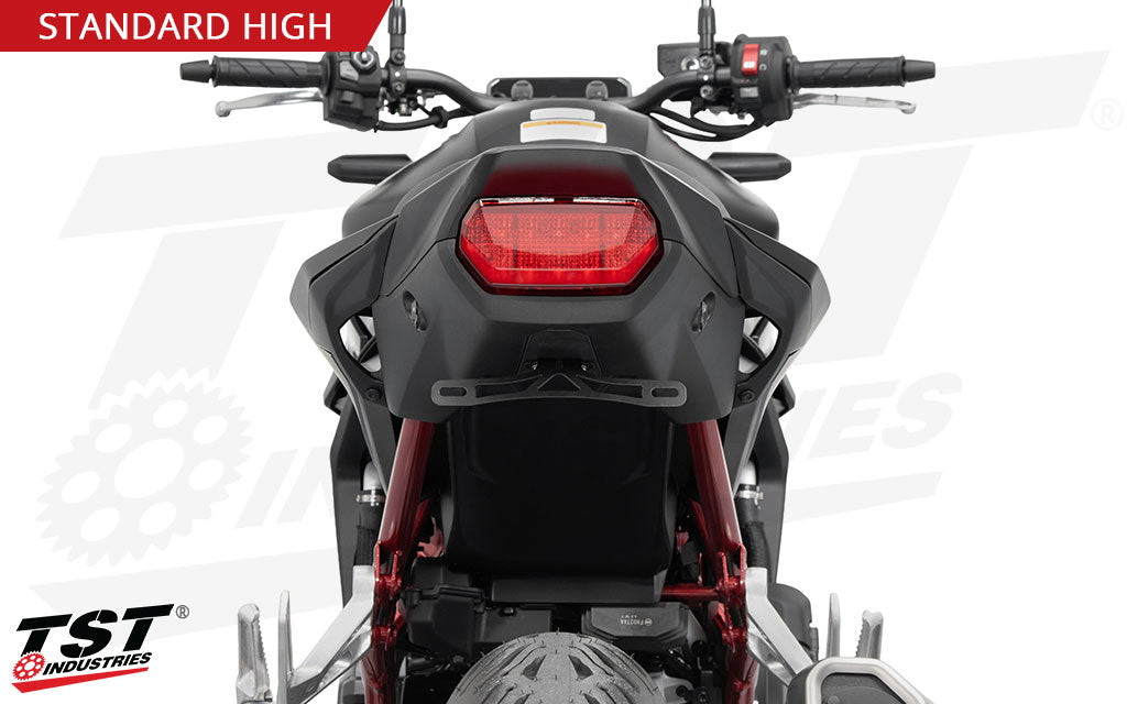 Laser cut stainless steel fixed license plate bracket is included in the TST Industries Standard High Mount Fender Eliminator for the 2025+ Honda CB750 Hornet.