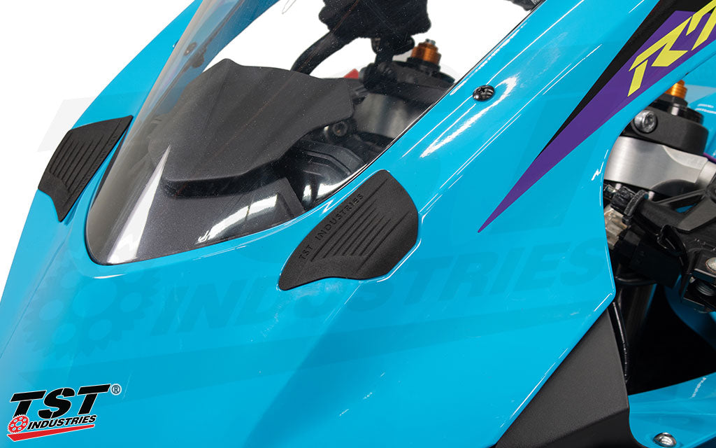 closeup view of the TST Industries mirror block off plates installed on the front fairing of the 2026 Yamaha YZF-R7.