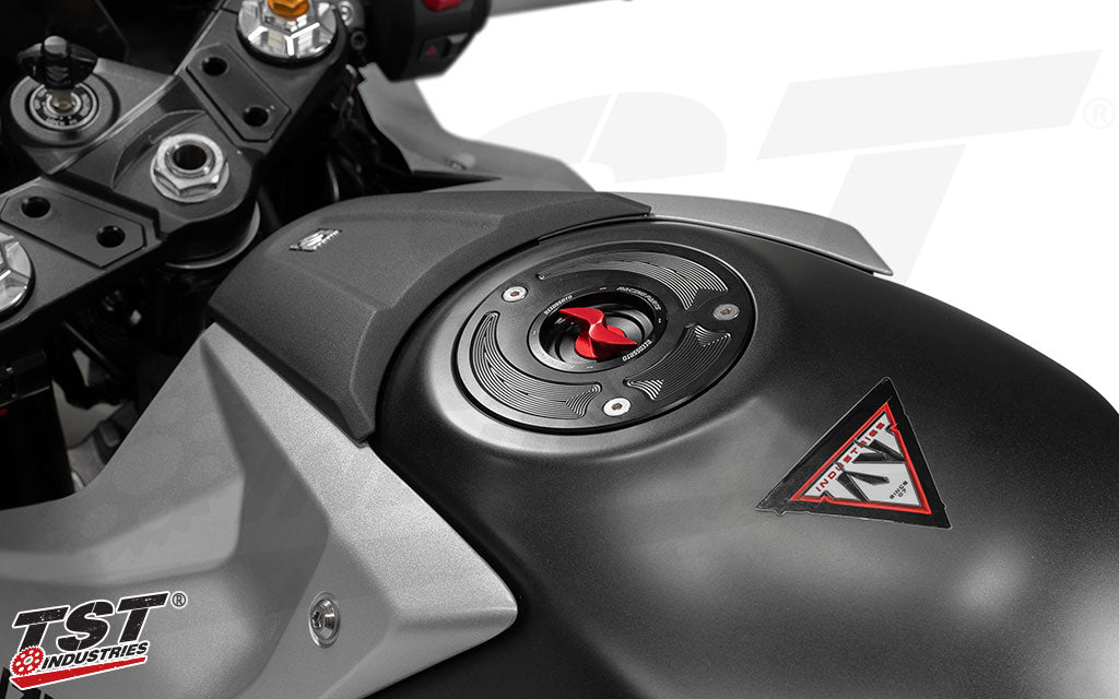 Accossato Fuel Cap installed on the 2024 Suzuki GSX-8R.