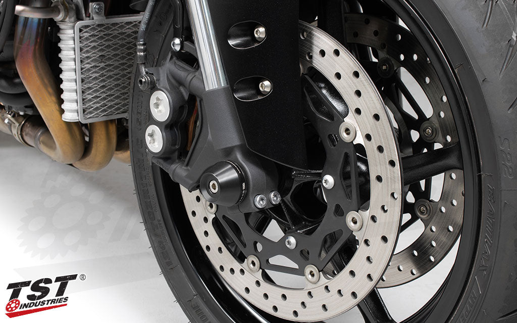Dual sided delrin sliders protect your forks, brake components, wheels, and more.