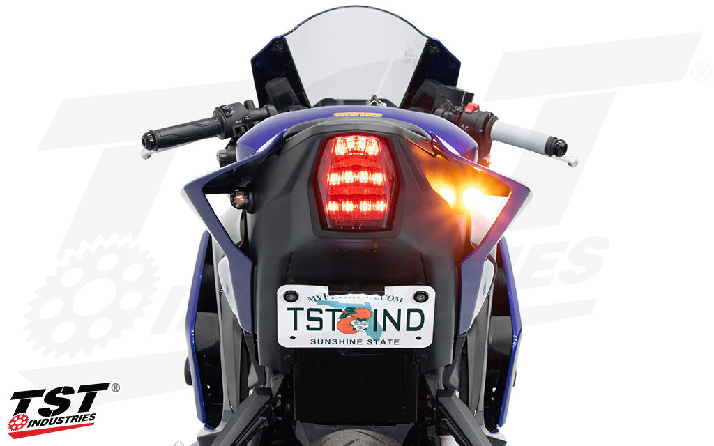 Brightness demonstration of the TST Industries LED Rear Flushmount Turn Signals installed on the tail section of the 2025 Yamaha R3