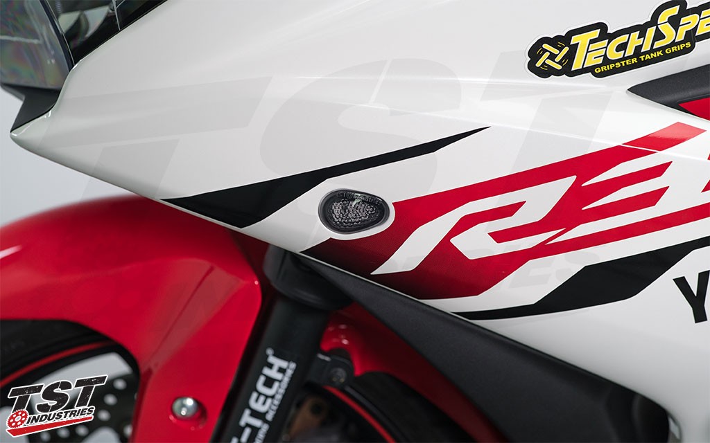 Dark Smoke GTR Front LED Flushmounts on the 2015 Yamaha YZF-R3.
