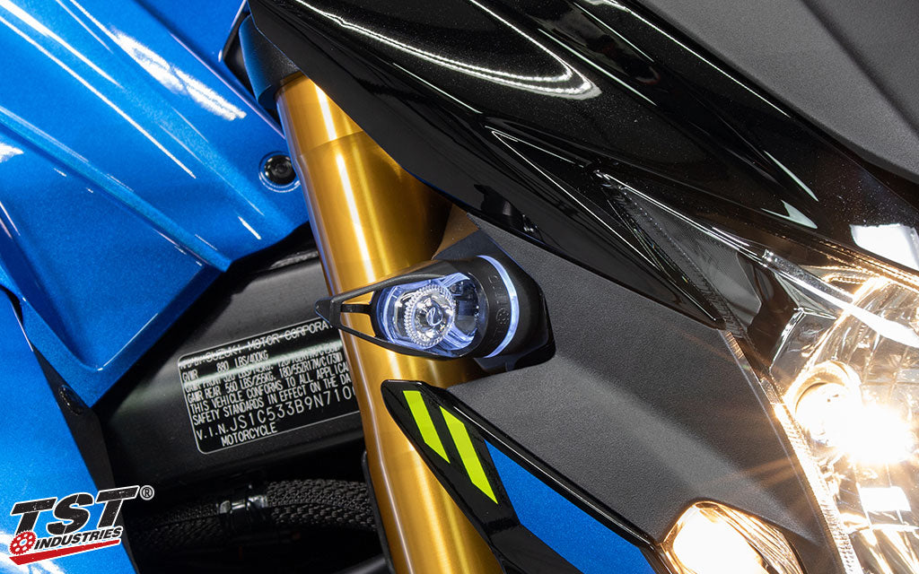 Hyper White Running Light Module Shown installed on the 2017-2022 Suzuki GSX-S750 MECH-GTR Front Turn Signals.