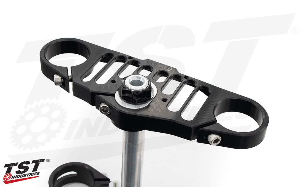 Provides weight savings compared to the stock triple clamp.