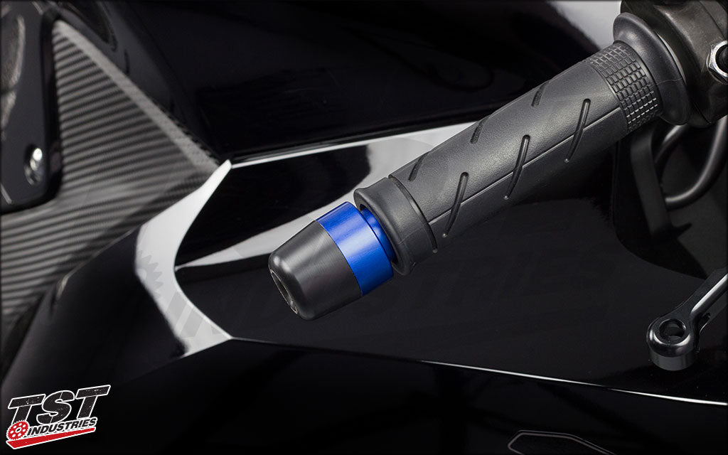Anodized blue aluminum bar ends.