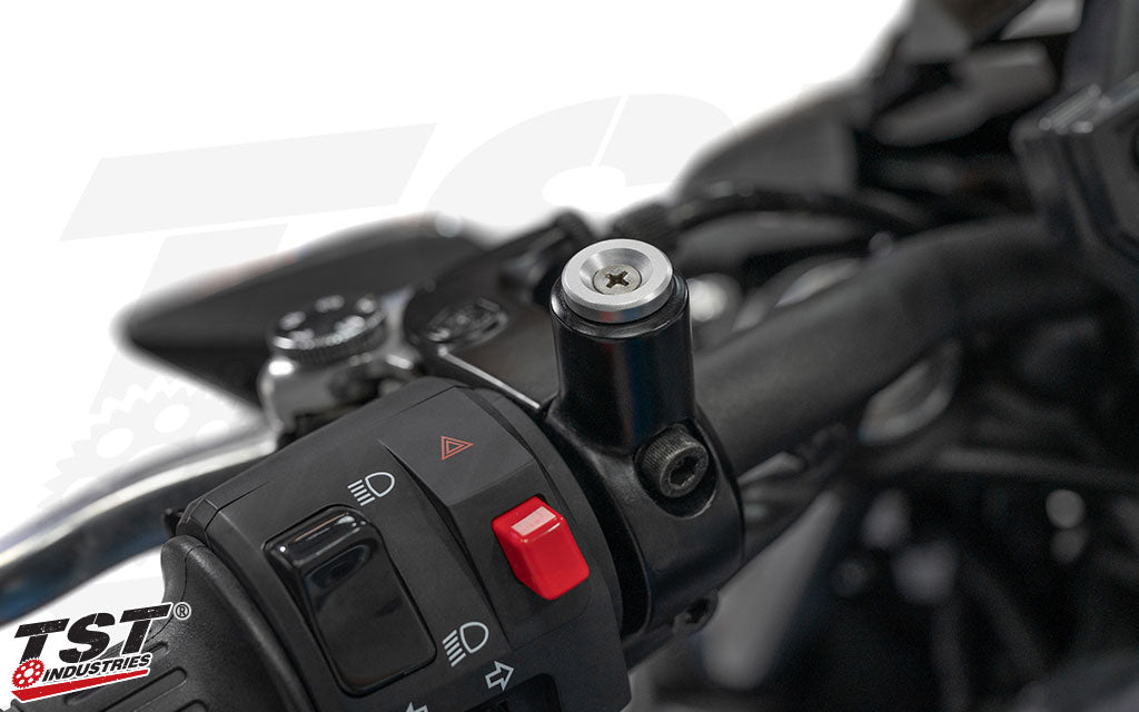 Silver TST Universal Mirror Block Off Plugs shown on a Kawasaki Z 650.