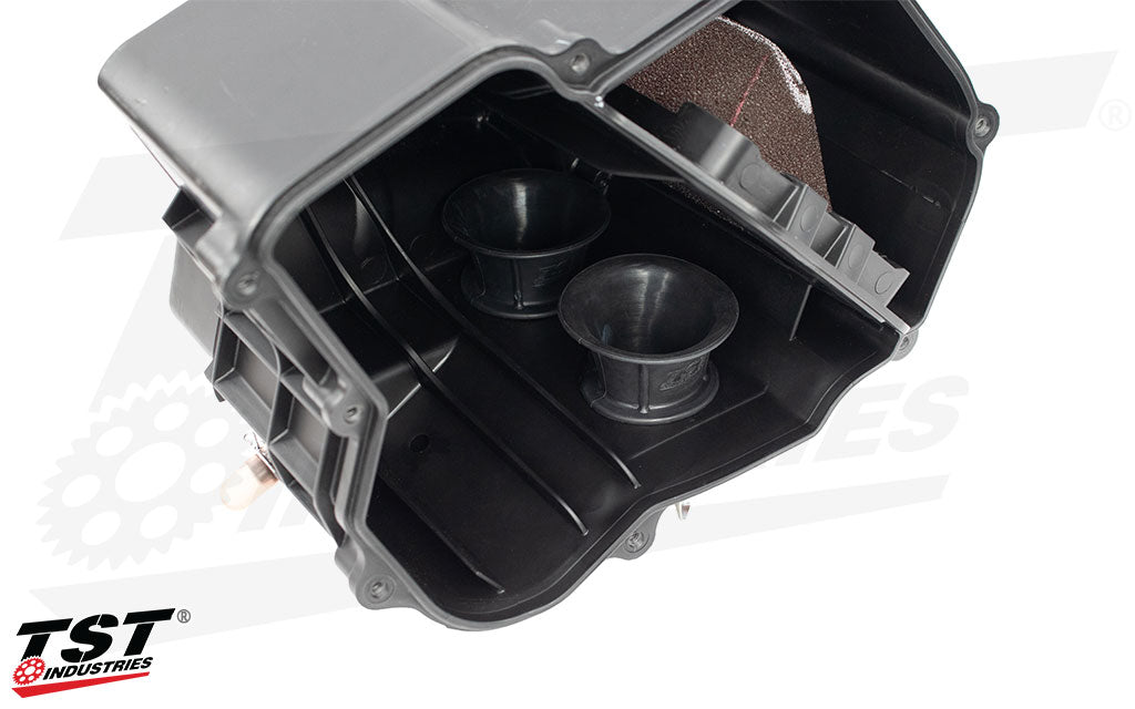TST WORX Velocity Stacks installed on the Yamaha YZF-R3 Airbox.
