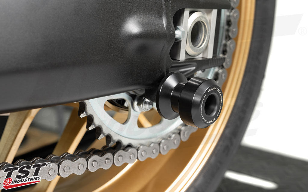 Womet-Tech Swingarm Spool Sliders installed on the 2022 Yamaha XSR900.