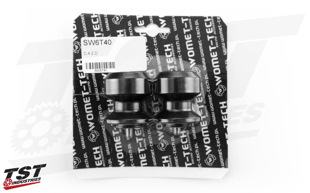Womet-Tech Swingarm Spools Sliders in the packaging.