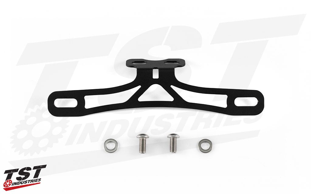 Included license plate bracket mounts to the Toce T-Slash canister.