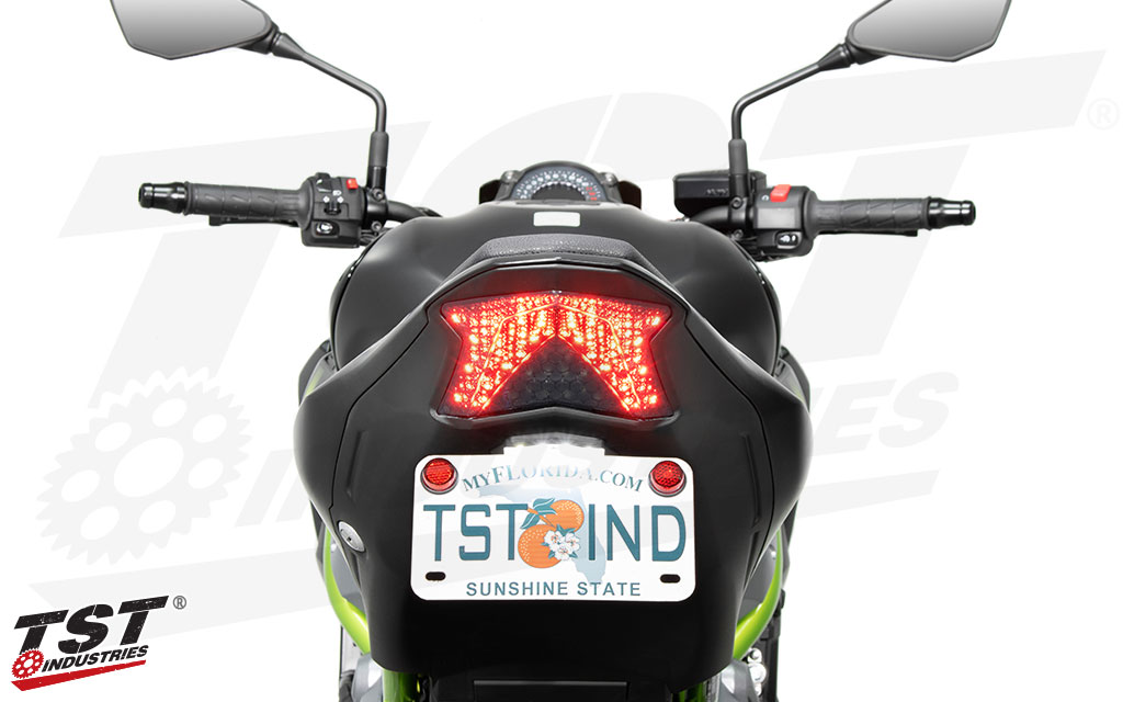 TST LED Programmable and Sequential Integrated Tail Light for Kawasaki Z900 2017-2024 - Smoked lens shown.