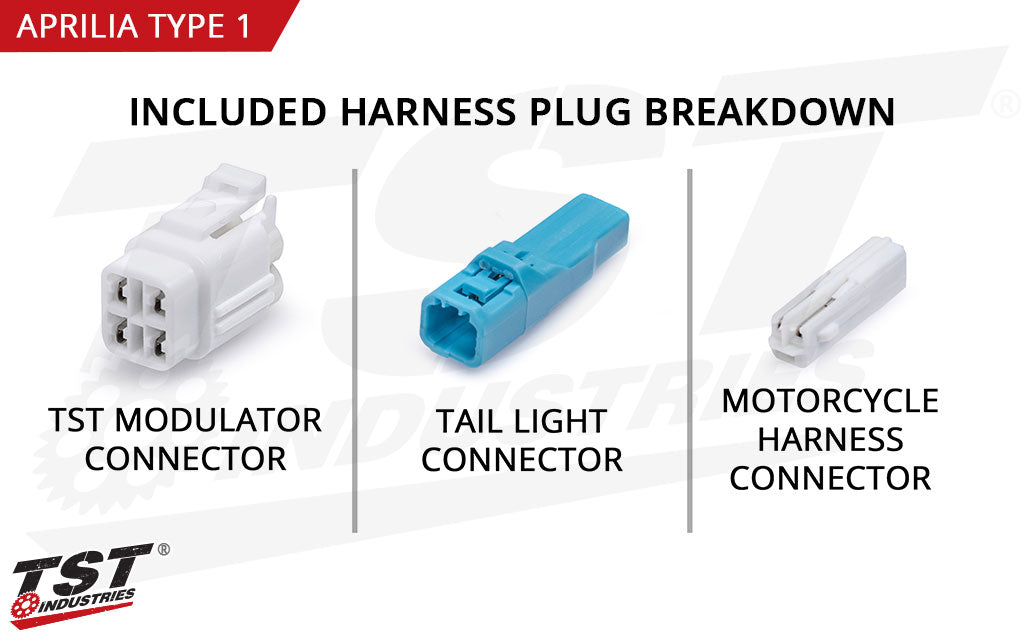Aprilia Type 1 Plug breakdown of the included harness converter - Plug color may differ on your specific Aprilia.