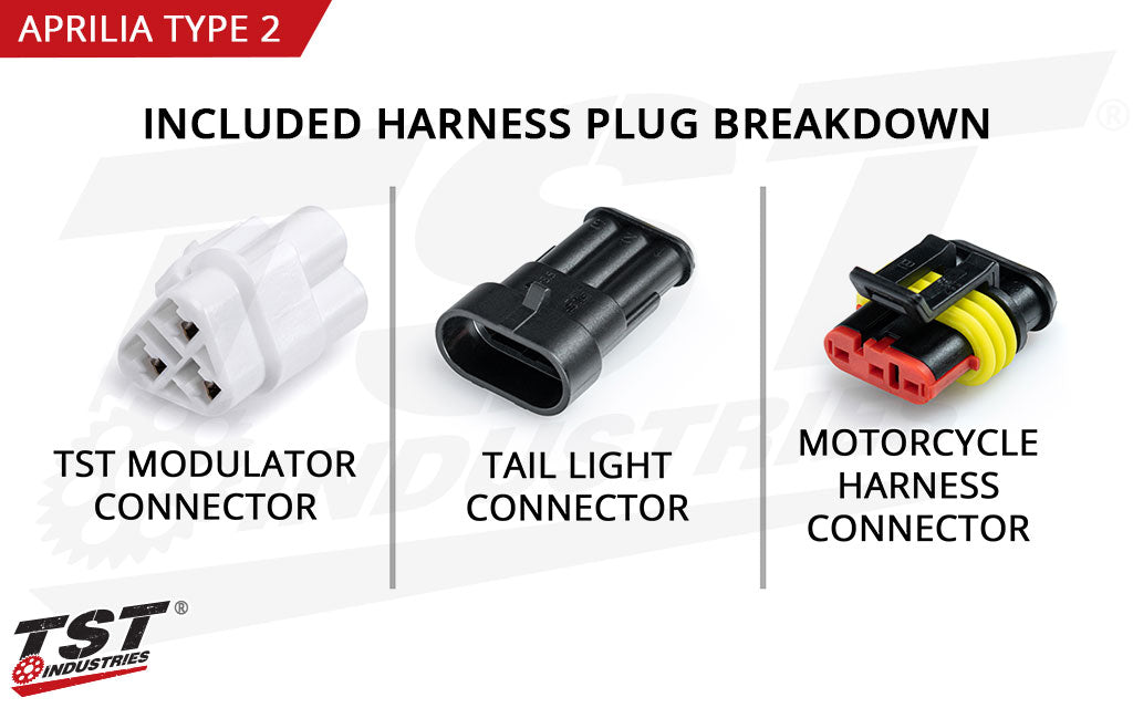 Aprilia Type 2 Plug breakdown of the included harness converter - Plug color may differ on your specific Aprilia.