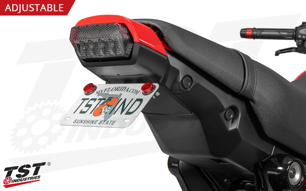 Mount your license plate in the high "stock" location with the added benefit of being able to adjust the plate angle.