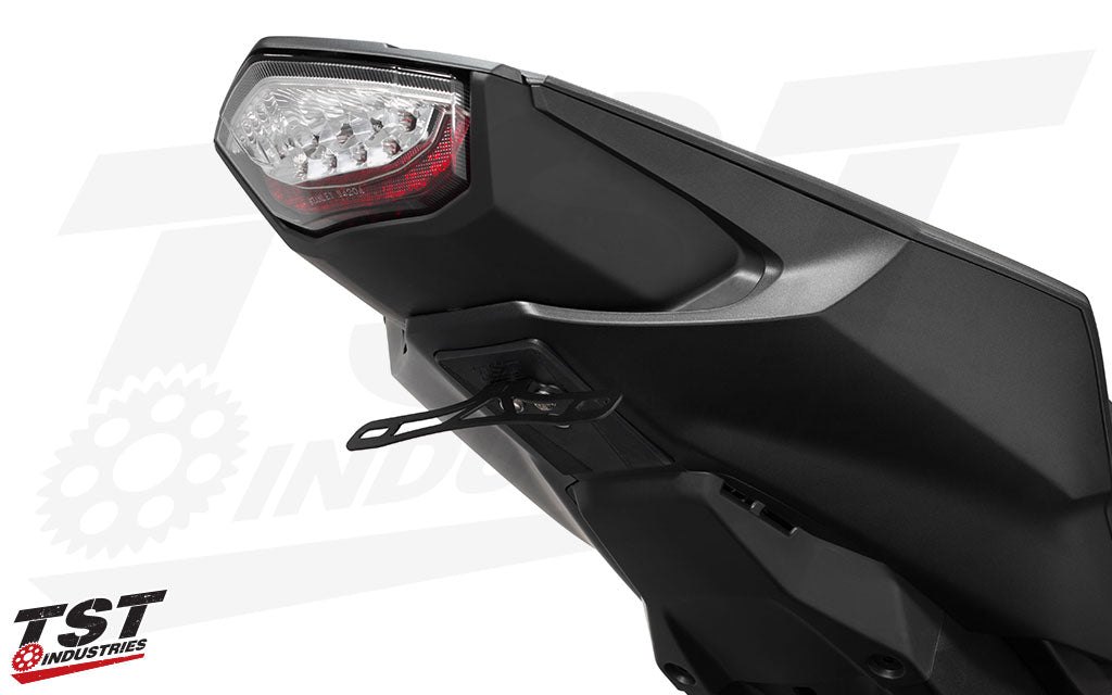 The TST Standard license plate bracket is made from powder-coated laser cut steel. (Standard plate bracket shown)