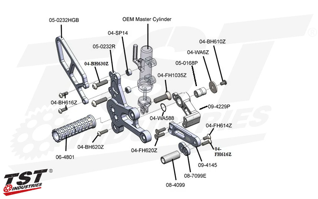 Woodcraft rearsets feature easily replaceable parts so you can get back on the track after a fall.