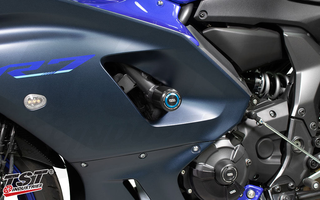 Protect your Yamaha R7 with robust frame sliders from Womet-Tech. (blue anodized slider caps sold separately)