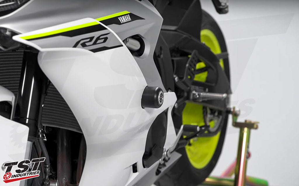 Womet-Tech Frame Sliders installed on the 2017 Yamaha YZF-R6.