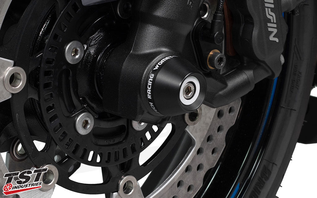 Protect your fork bottoms, calipers, and rotors with the robust delrin Fork Slider Crash Protection from Womet-Tech.