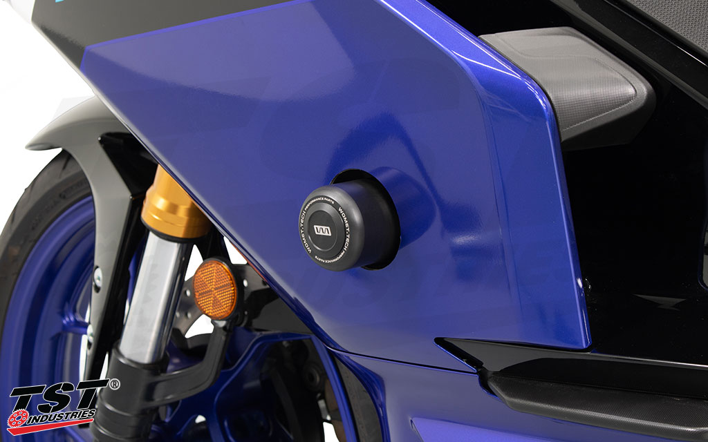 Frame sliders installed on the 2025 Yamaha R3.
