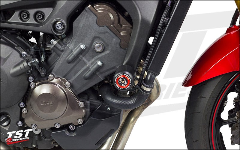 Womet-Tech Frame Sliders installed on the 2014-2016 Yamaha FZ-09 / MT-09.