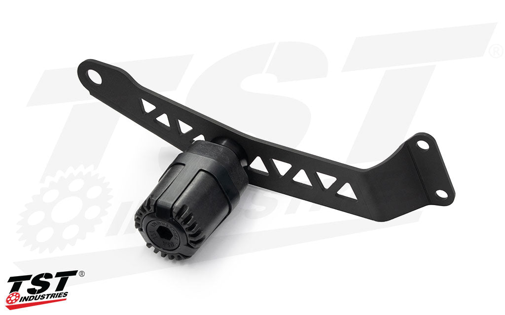 The TST Shock Absorbing Frame Slider puck mounted onto the three-point mounting bracket.