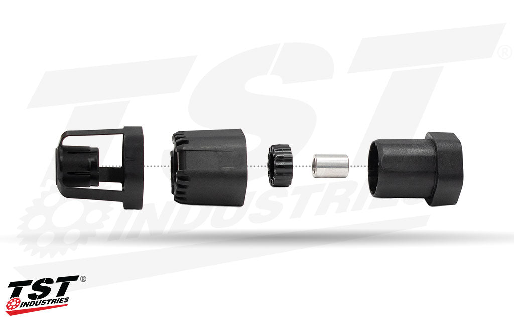 TST Industries Shock Absorbing Frame Slider puck features a unique multi-part design to provide crash protection to your sportbike.
