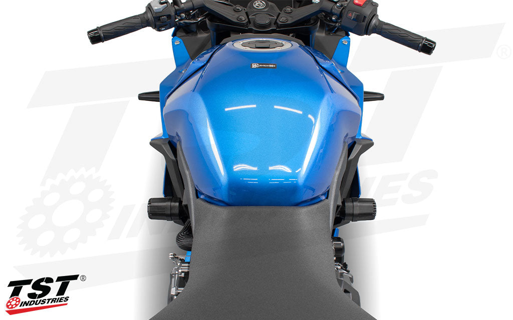 Top view of the TST Shock Absorbing Frame Sliders installed on a Suzuki GSX-8R.