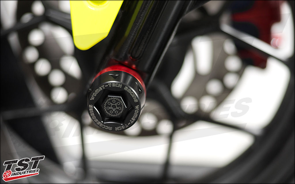 Protect your forks and brake assembly with a set of TST Industries crash protection axle sliders.