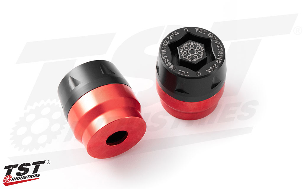 TST Industries Universal Mini-Bike Axle Sliders with a red anodized finish. 