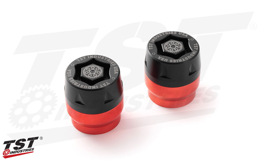 TST Industries Universal Mini-Bike Axle Sliders with a red anodized finish. 