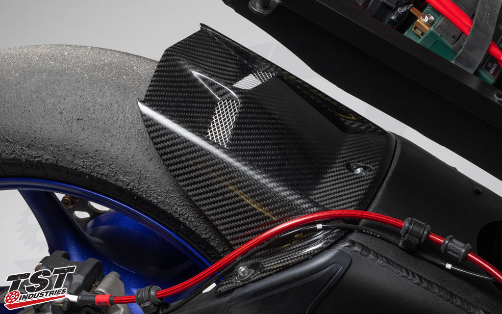 Twill Carbon Fiber Rear Tire Hugger used on the TST Team R6 supersport race bike.