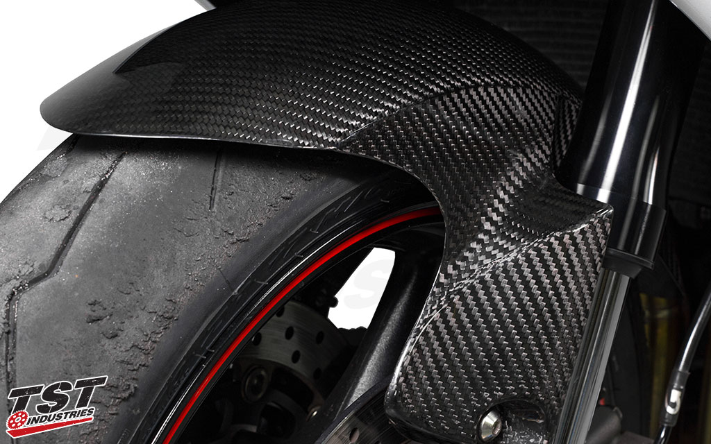 Twill carbon fiber weave with a high gloss clear coat.