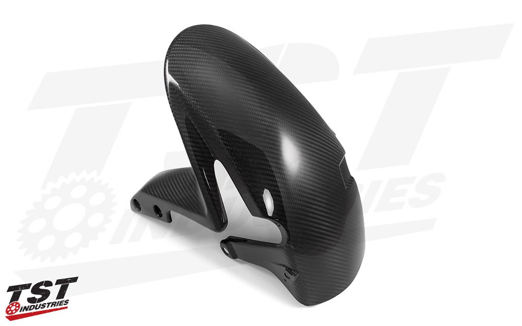 Gain a lighter and sexier front fender made from high quality twill carbon fiber.