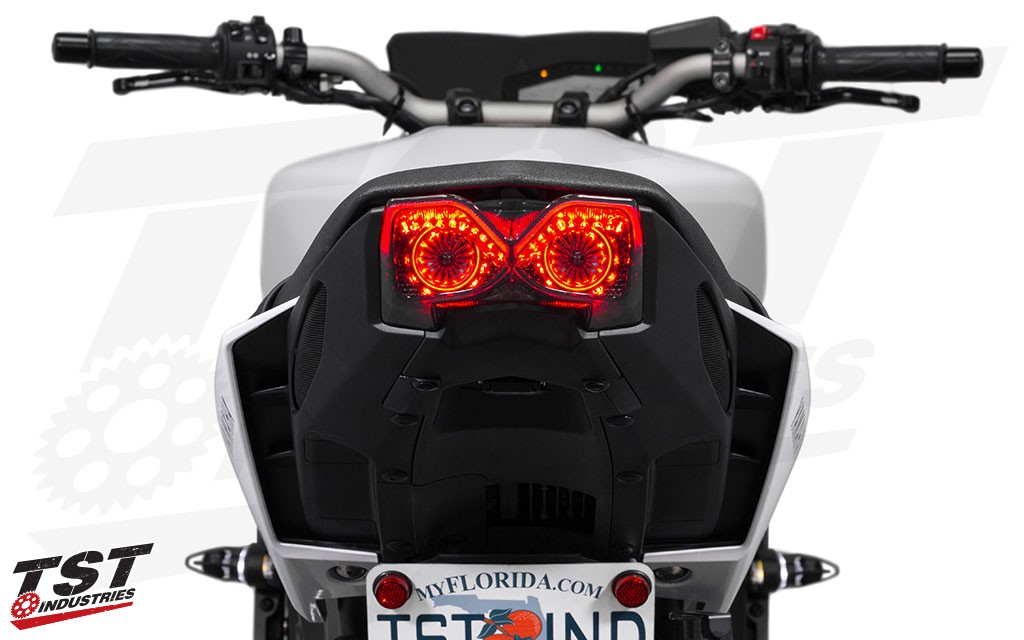 Unique running light provides an eye catching design that brings the FZ / MT design aesthetic to the tail light.