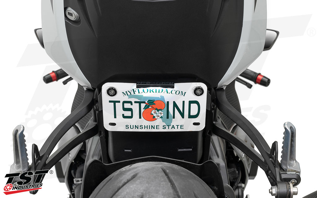 TST Low-Mount Fender Eliminator shown with the TST Low-Profile License Plate Light - sold separately. 