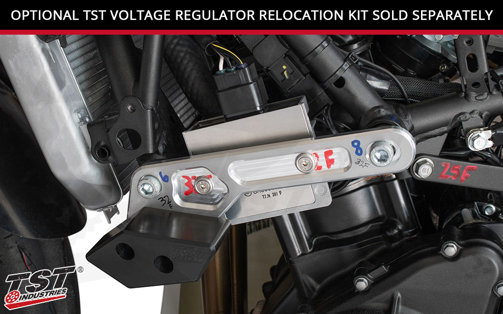 Add more protection by relocation your Ninja 400 voltage regulator with our optional kit. (Sold separately)