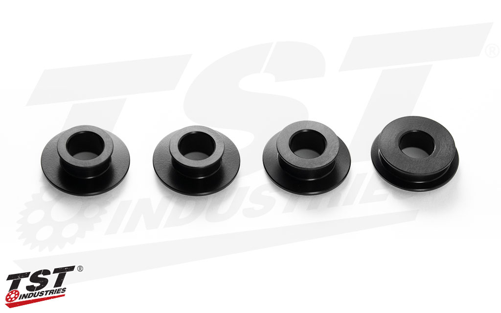 High-quality CNC machined captive wheel spacers feature a durable black anodized finish.